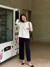 刺繍入りコットン長袖Tシャツ【ホワイト・ラウンドネック・ゆったりデザイン・UVカット】
