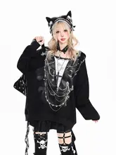 チェーン柄のフード付きルーズフィットパーカー【秋用・レトロスタイル・女性用】（セットアップ対応）
