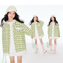 子供用 グリーンチェックシャツ【デザイン性のあるフード付き・花柄・コットン素材】（セットアップ対応）