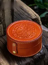 文房具収納ボックス【手作り牛革・オリーブ・くるみ製品用・丸型】