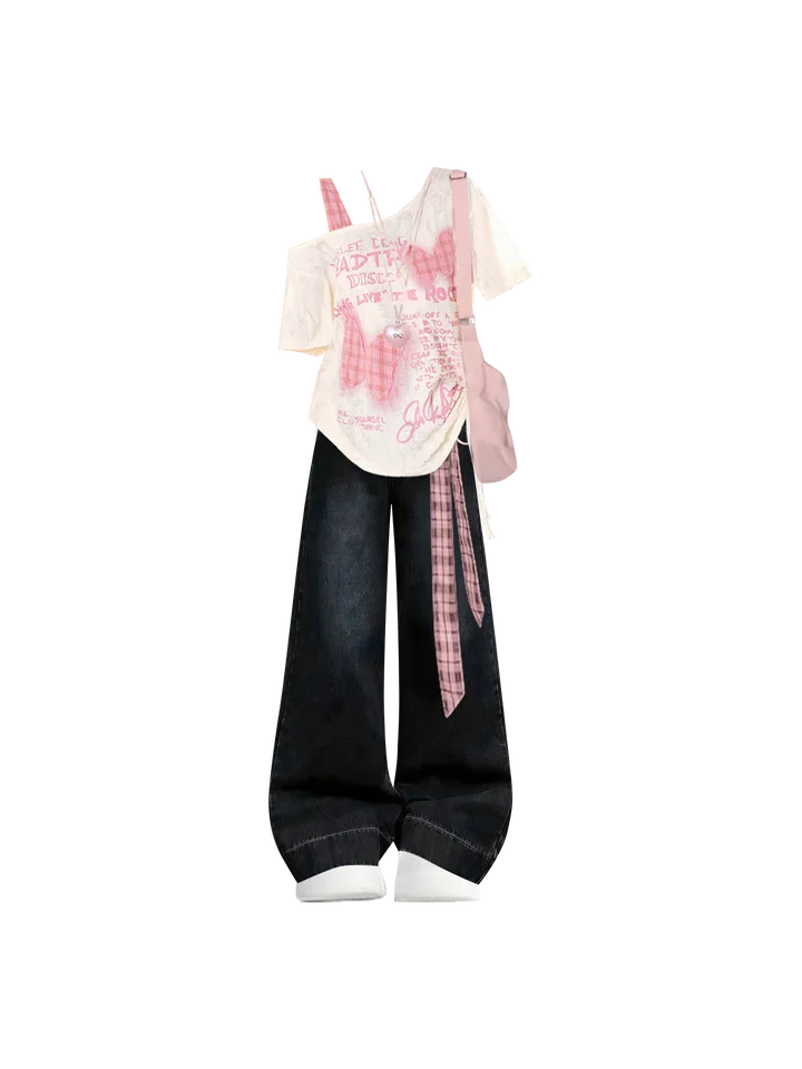 韓国風 学院スタイル 通勤用スラッシュショルダー半袖Tシャツ【夏用・おしゃれ・快適】（セットアップ対応）