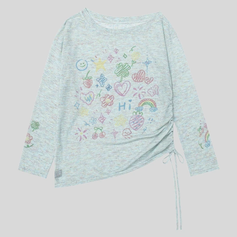 ヴィンテージ風 カートゥーンデザインの長袖チュニック Tシャツ【春夏用・日焼け防止・軽やかさ・ドローストリング付き】（セットアップ対応）