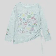 ヴィンテージ風 カートゥーンデザインの長袖チュニック Tシャツ【春夏用・日焼け防止・軽やかさ・ドローストリング付き】（セットアップ対応）
