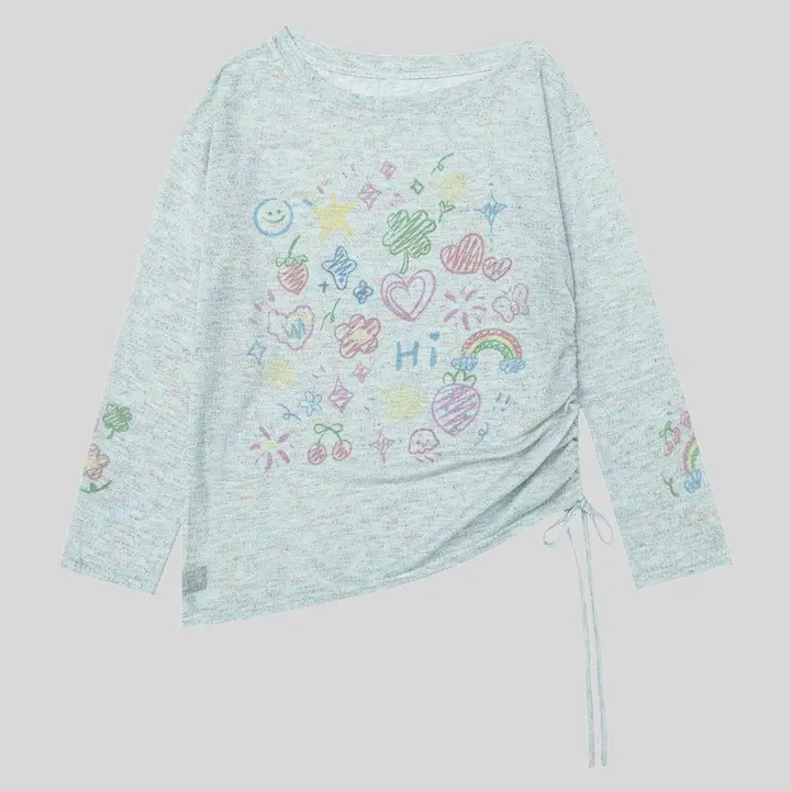 ヴィンテージ風 カートゥーンデザインの長袖チュニック Tシャツ【春夏用・日焼け防止・軽やかさ・ドローストリング付き】（セットアップ対応）