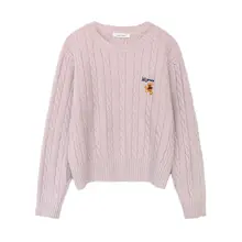 冬用 ハンドニット風クマ刺繍入りショートニットセーター【ラウンドネック・極上の柔らかさ】