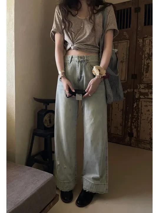 デニムパンツ レディース ワイドパンツ ヴィンテージ ダメージ加工 着痩せ 柔らかい 夏「JMWOMEN」