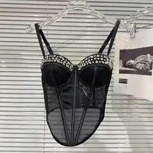 スタイリッシュなセクシータンクトップ【カラーコントラスト・骨組みデザイン・メッシュ・胸パッド付き・キャミソール】