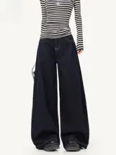 デニムパンツ レディース ネイビー 原色 ストレート ワイド アメリカンスタイル 秋「CHOCOOLATE」