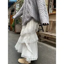 甘いデザインの白色ハイウエストAラインスカート【不規則レースフリル・秋用】