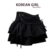 春季にぴったりな黒のリボン付きプリーツスカート【Aライン・デザイン感あり・ミニ丈】（セットアップ対応）