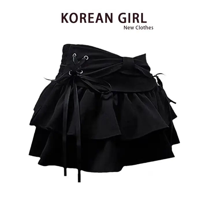 春季にぴったりな黒のリボン付きプリーツスカート【Aライン・デザイン感あり・ミニ丈】（セットアップ対応）