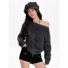 グレーオフショルダーニットトップス【秋冬用・ゆったり・極上の柔らかさ】（セットアップ対応）