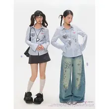 ブルーストライプウエスト絞りコットン長袖シャツ【女性用・秋季新作・プリントデザイン】