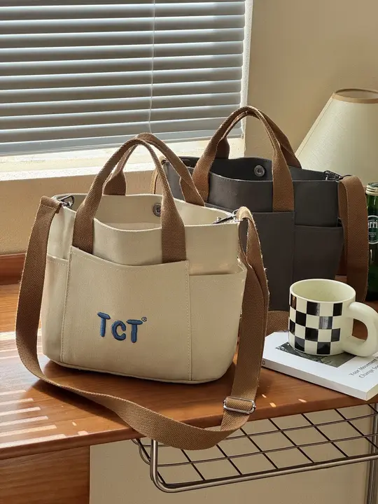 キャンバストートバッグ ショルダー 英字刺繍 厚手 デイリー 通勤 通学 ランチバッグ