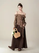 カラフルチェック柄のオフショルダーシャツ【不規則デザイン・春用】スカート（セットアップ対応）