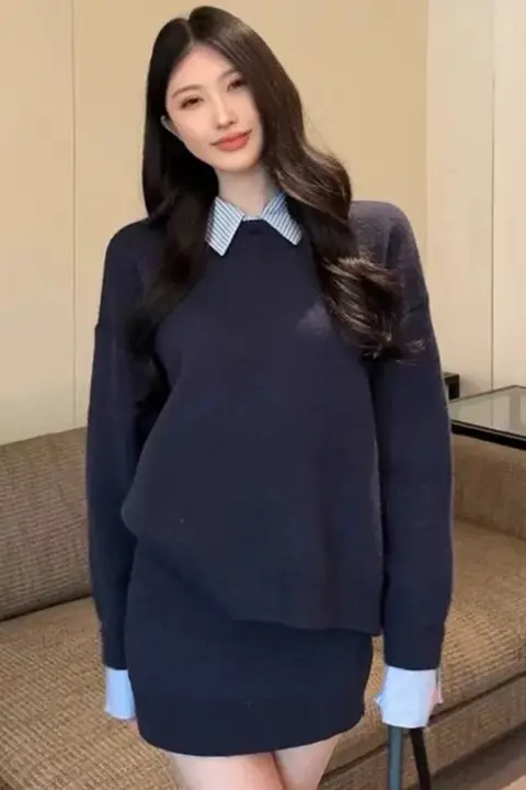 春先にぴったり！学院風シャツとニットの組み合わせスカート【ボディコン・二点代】（セットアップ対応）