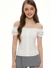 白色パフスリーブトップス【夏用・オフショルダー・フィットデザイン・フリル付き】
