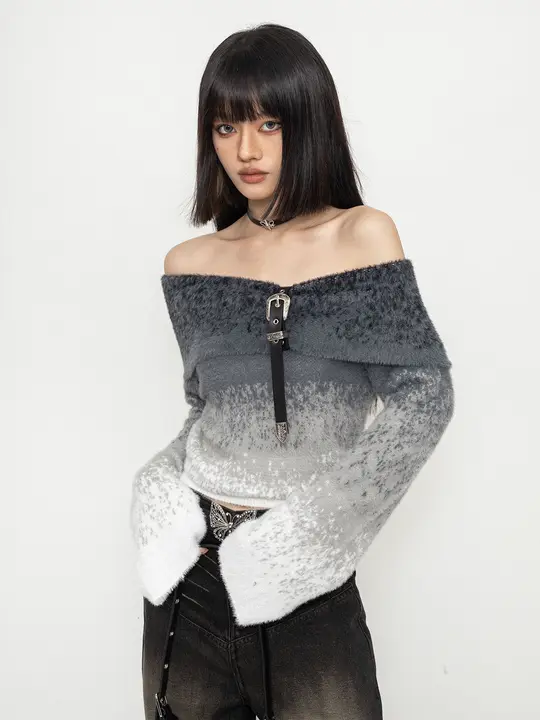 一字肩デザインのグラデーションニットセーター【レトロ・ショート丈・スタイル】