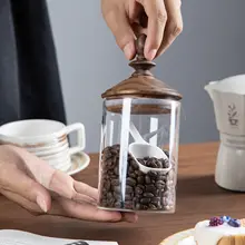 黒胡桃製 薫り高いコーヒー豆密封容器【ガラス・木製蓋・防湿防虫・収納用】