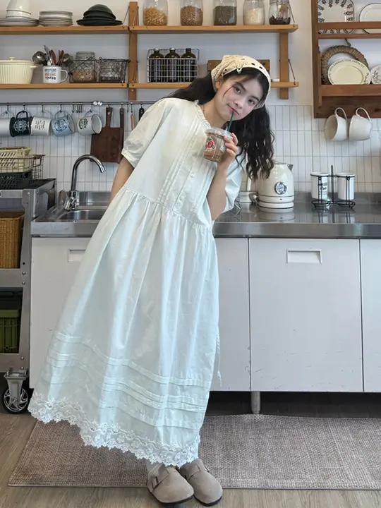 レディース 大きいサイズのレース切替ふんわりワンピース【夏用・優しいデザイン・ロング丈】（セットアップ対応）