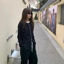 春季女性用シェルボタン長袖カーディガンと高腰カジュアルパンツ（セットアップ対応）