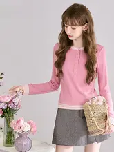 トップス レディース フェイクレイヤード 長袖Tシャツ 厚手 インナー ピンク フェミニン 秋冬