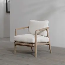 ヴィンテージスタイルの木製布張りアームチェア【白色・棉麻・羽毛内蔵・取り外し可能】