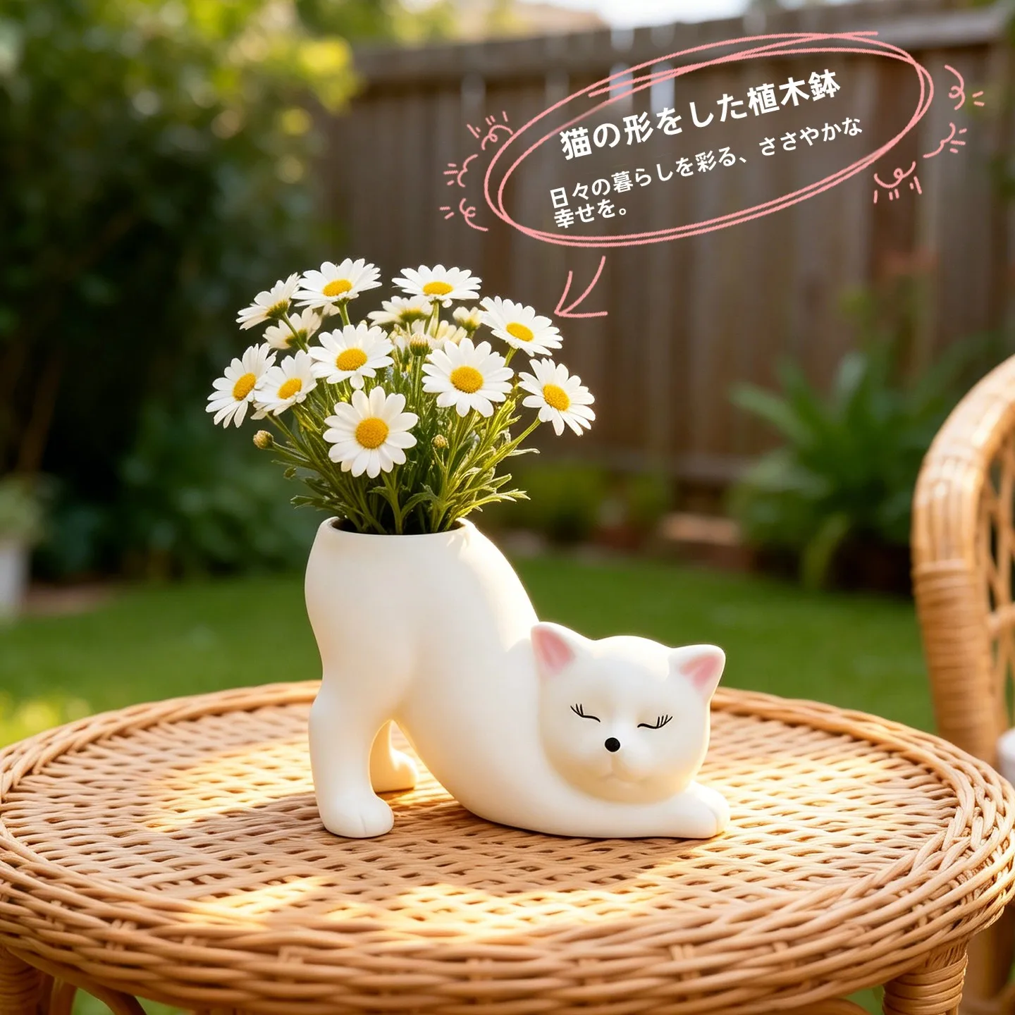 伸びをする猫型プランター：田园風デスクトップ装飾の実用性と空間設計への影響