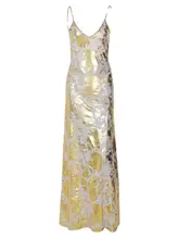 セクシーな背中見せデザインのゴールドプリントキャミソールマキシドレス【春夏用・ロング丈】