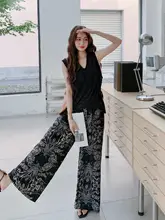 2点セット レディース ベスト ワイドパンツ ブラック プリント パッチワーク レイヤード 韓流 シンプル 夏