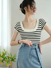 フレンチスタイル ボックスカラー ボーダー Iceシルクニット 半袖Tシャツ【女性用・夏用・フィット・ショート丈】