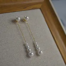クラシックデザインのロングラウンドパールフリンジイヤリング【アレルギー対応・2way装着可能】