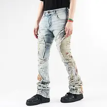 復古デザインのヒップホップスタイルデニムパンツ【刺繍入り・洗い加工・フレアシルエット】