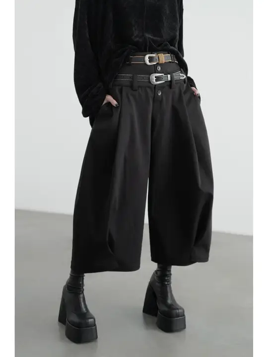 八分丈ダブルウエストワイドパンツ（セットアップ対応）