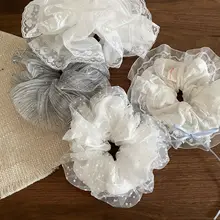 白色バレエ風ヘアバンド【レースフリル・リボン付き・可愛い丸いヘアゴム】