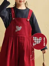 子供用刺繍デザインオーバーオール【秋用・綿100%・ルーズフィット・赤】