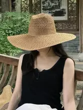 透かし編みの草製女性用大きなつばのビーチハット【夏季・日よけ・リゾート用】
