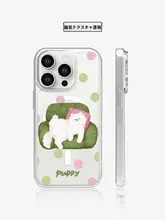 カートンデザインドット模様のiPhoneケース【黒色・透明・猫と犬モチーフ・マグネット式・個性的】