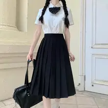 無地中丈JKスカート【学院風・ブラック・グレー・フレアデザイン・夏用】