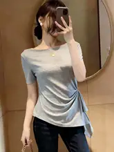 夏用デザイン性のある不規則なウエストシェイプTシャツ【大きいサイズ・短袖・体型カバー】