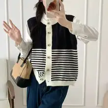 レトロカラーコンビネーションストライプニットベスト【女性用・秋冬用・重ね着スタイル】