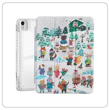 雪山アート油絵風カートゥーン動物デザインiPad Pro 12.9/11用三折保護ケース【エア6/エア5/ミニ6対応・衝撃吸収】