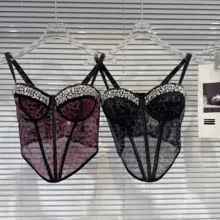 セクシーなレオパード柄メッシュキャミソール【ビジュー装飾・魚骨デザイン】