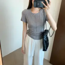 洗練されたデザイン！ライセルウールの脊骨装飾ライン入りタイトフィットラウンドネックTシャツ【単色・短袖】