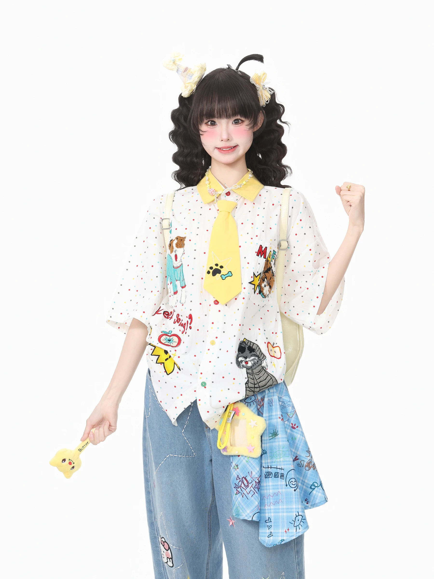 小犬刺繍ドット襟付き半袖シャツ：美式風の夏用日常着としての実用性とデザイン特性