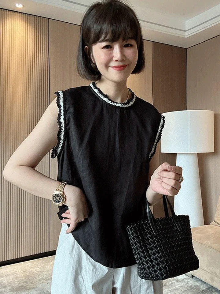 高級感あるリネンシャツ レディース夏用【無袖・コットンリネン・フランス風】