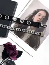 デザイン感溢れる細身のウエストベルト【金属チェーン装飾・ドレスとのコーディネートに最適】