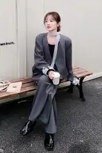 2点セット レディース テーラードジャケット ワイドパンツ グレー レース パッチワーク 通勤 秋
