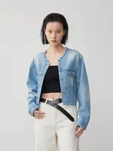デザイン性に優れた毛辺無襟ショートデニムジャケット【春用・女性向け】