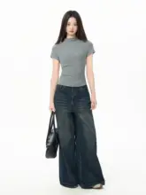 グレーのハイネック半袖Tシャツ【レディース・フィット感抜群・夏用】